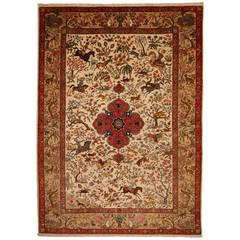 Antique Tabriz Hunting Rug Signed by Master Alabaf