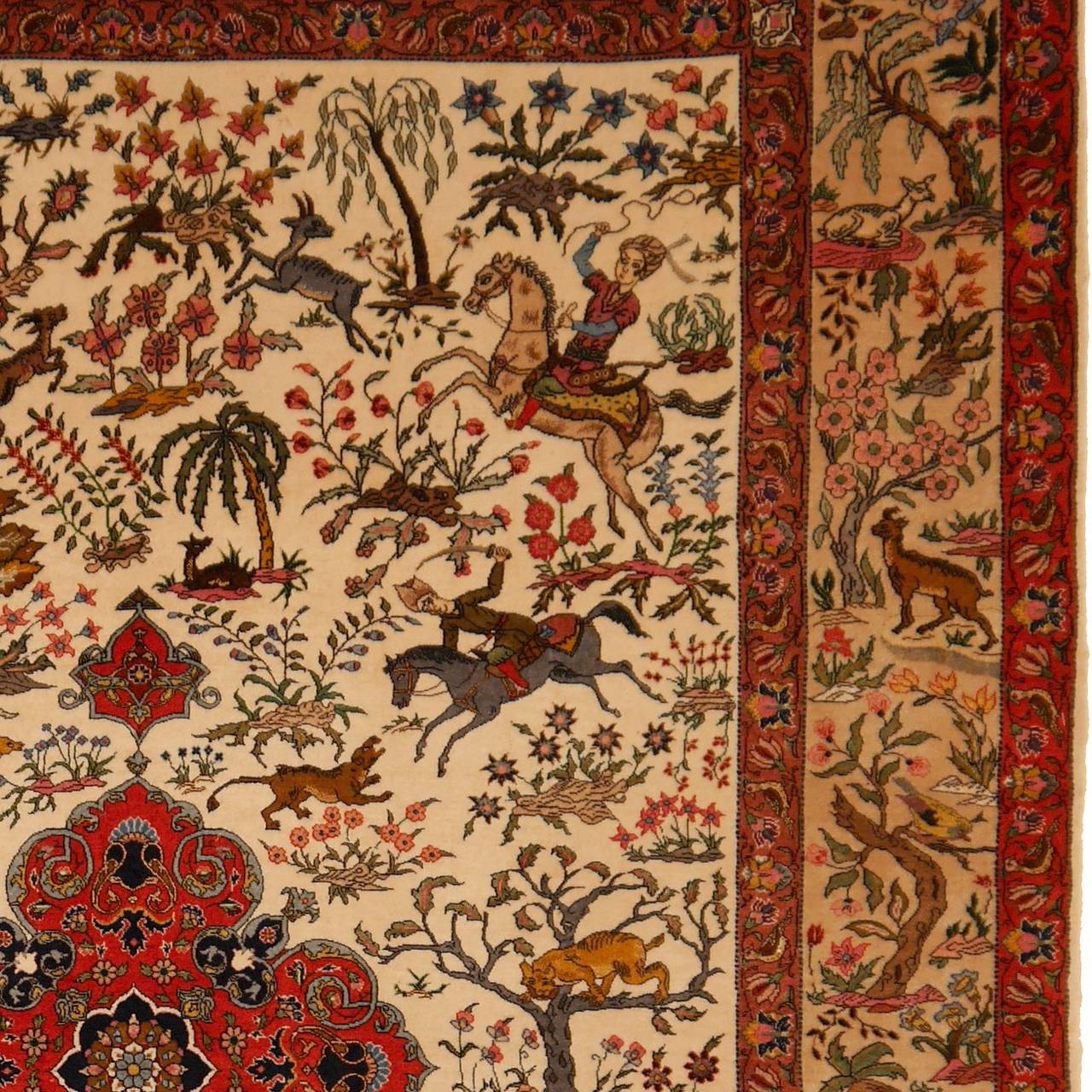 Hand-Knotted Antique Tabriz Hunting Rug Signed by Master Alabaf