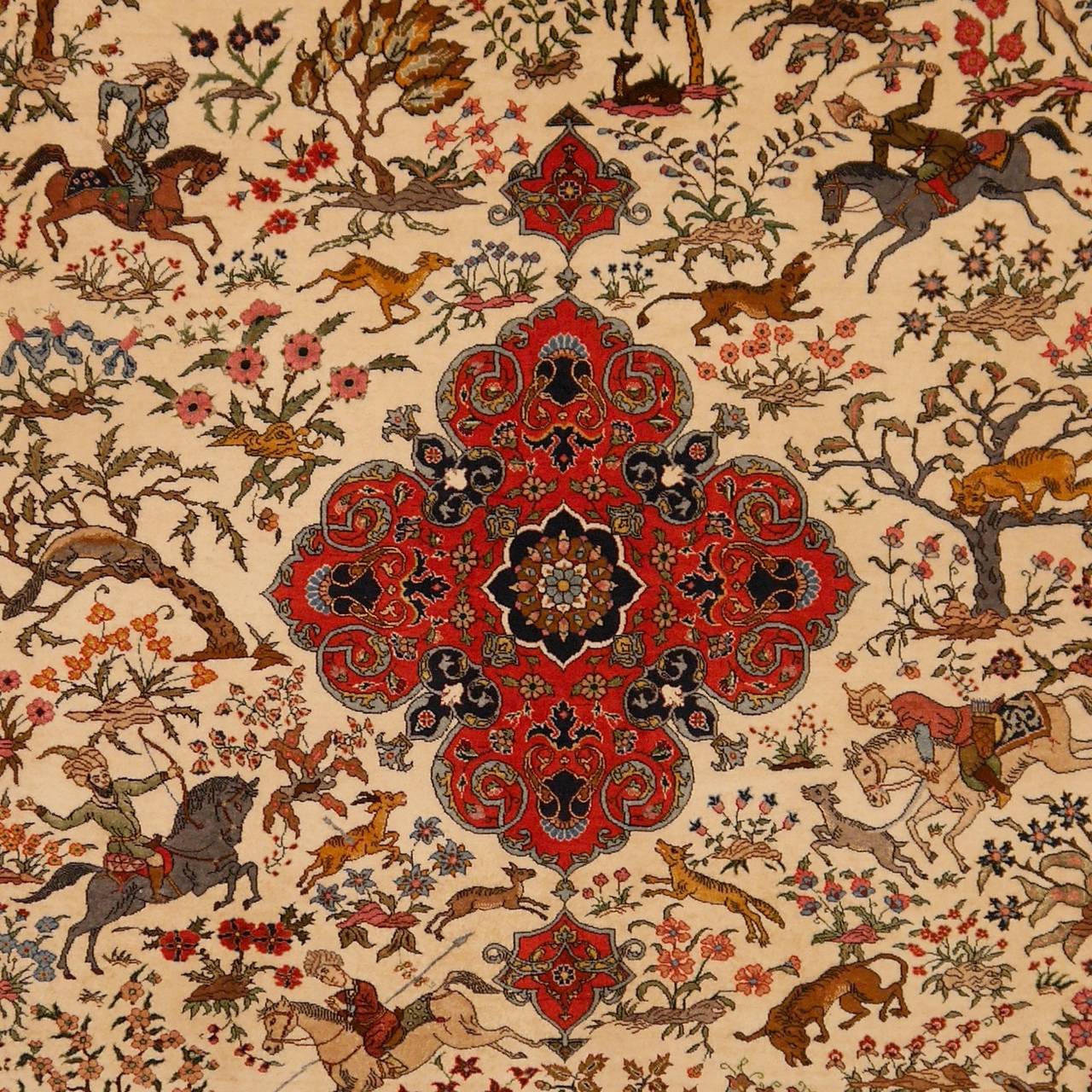 Persian Antique Tabriz Hunting Rug Signed by Master Alabaf