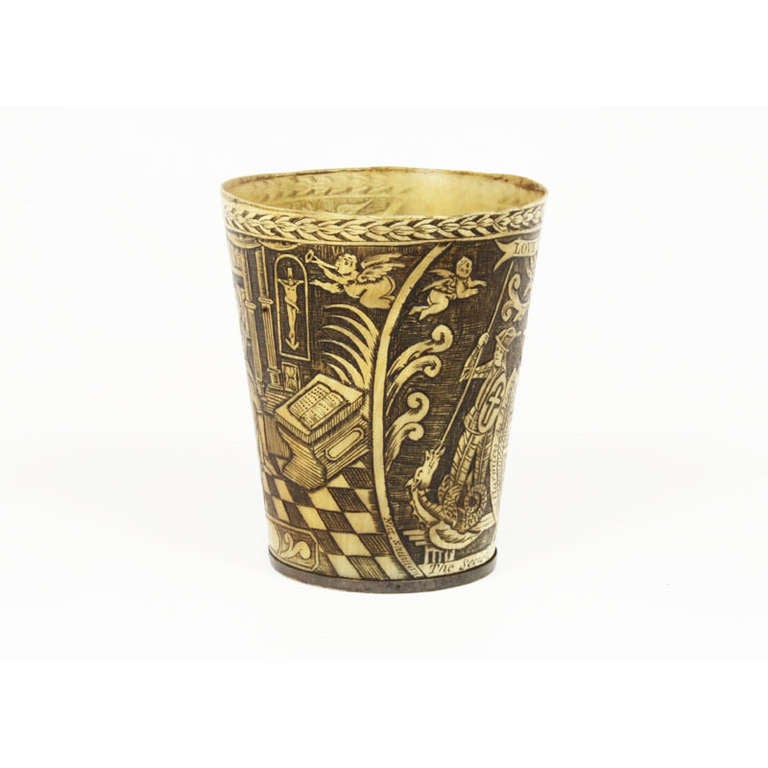 This, I believe, is the finest and most eloborately decoarted horn beaker extant. The beaker is composed in the round and carved with the precision of a copper engraver. The Society of Universal Goodwill was founded in Norwich/Yarmouth in 1784 by
