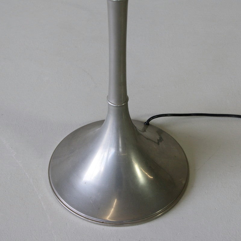 Bamboo floor lamp, designed by Ingo Maurer in 1973. Silver colored metal stem, new white silk shade with silver rims.