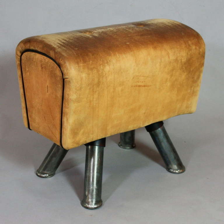 Vintage Pommel Horse, Germany 1960's. Nicely patinated Pommel Horse, vintage cognac coloured leather covered structure with metal feet.