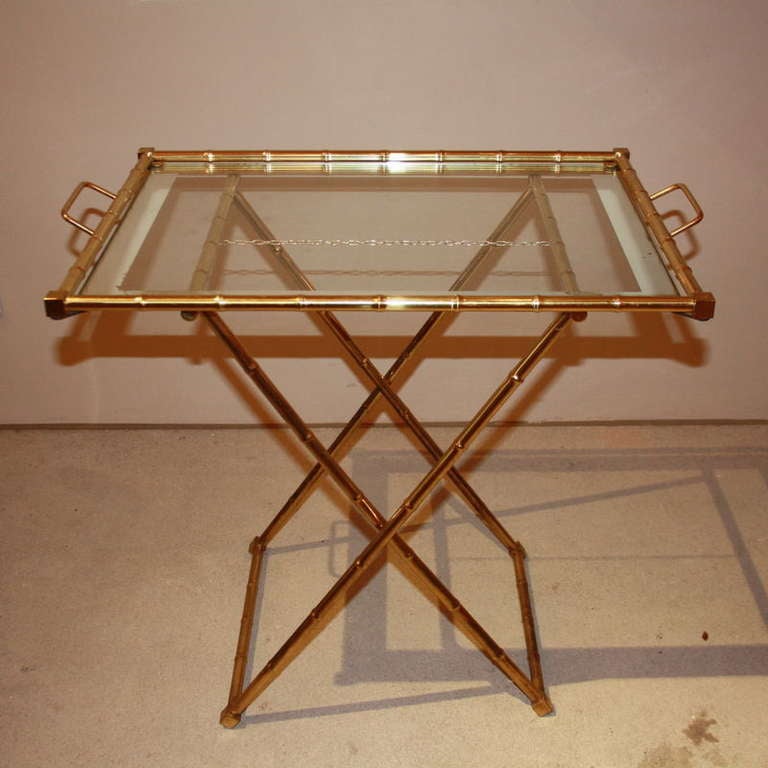 Tray table or occasional table in the style of Maison Bagues, Paris. Removable glass tray with handles. France 1960s.