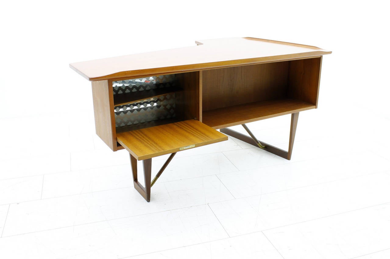 Brass Asymmetric Teakwood Desk or Vanity by Løvig Nielsen, 1956