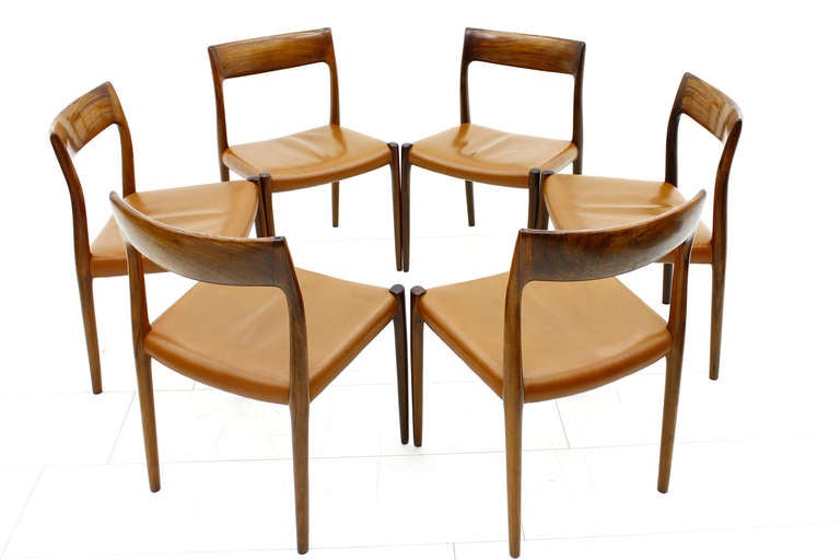 Set of six Niels O. Møller Rosewood & Leather Chairs, Denmark In Excellent Condition In Frankfurt / Dreieich, DE