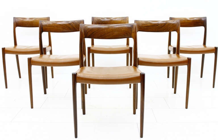 Mid-20th Century Set of six Niels O. Møller Rosewood & Leather Chairs, Denmark