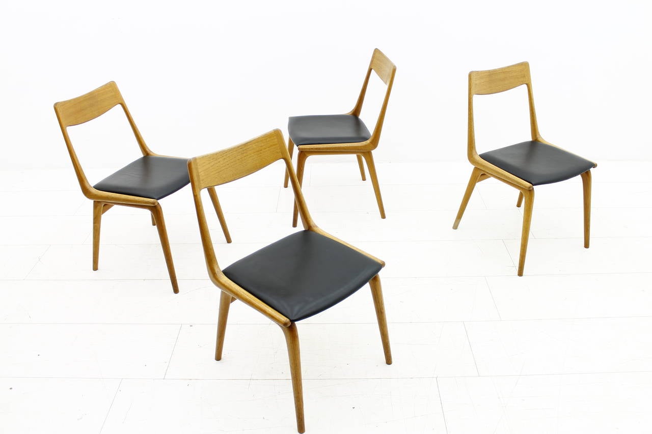 Scandinavian Modern Erik Christensen Boomerang Dining Chairs, Teak and Leather, Denmark, 1950s