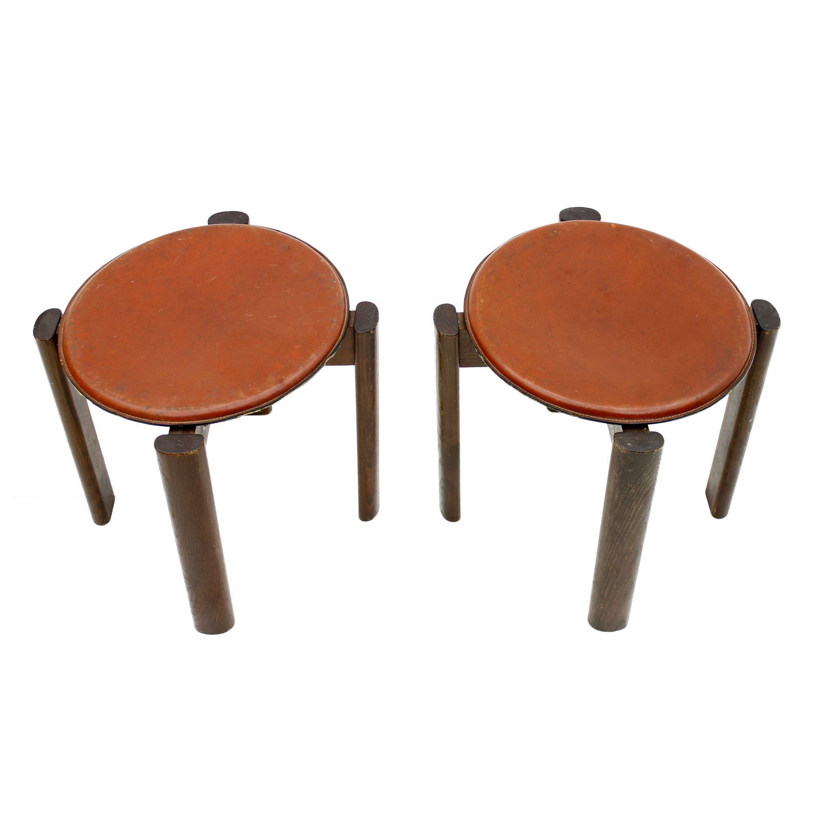 Rare Pair of Cassina Leather and Wood Stools, Italy