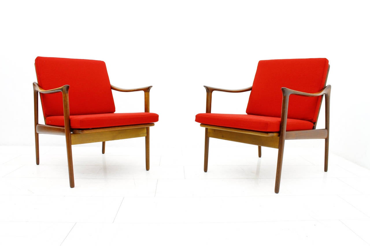Fabric Pair of Teakwood Lounge Chairs by Fredrik Kaiser, Norway