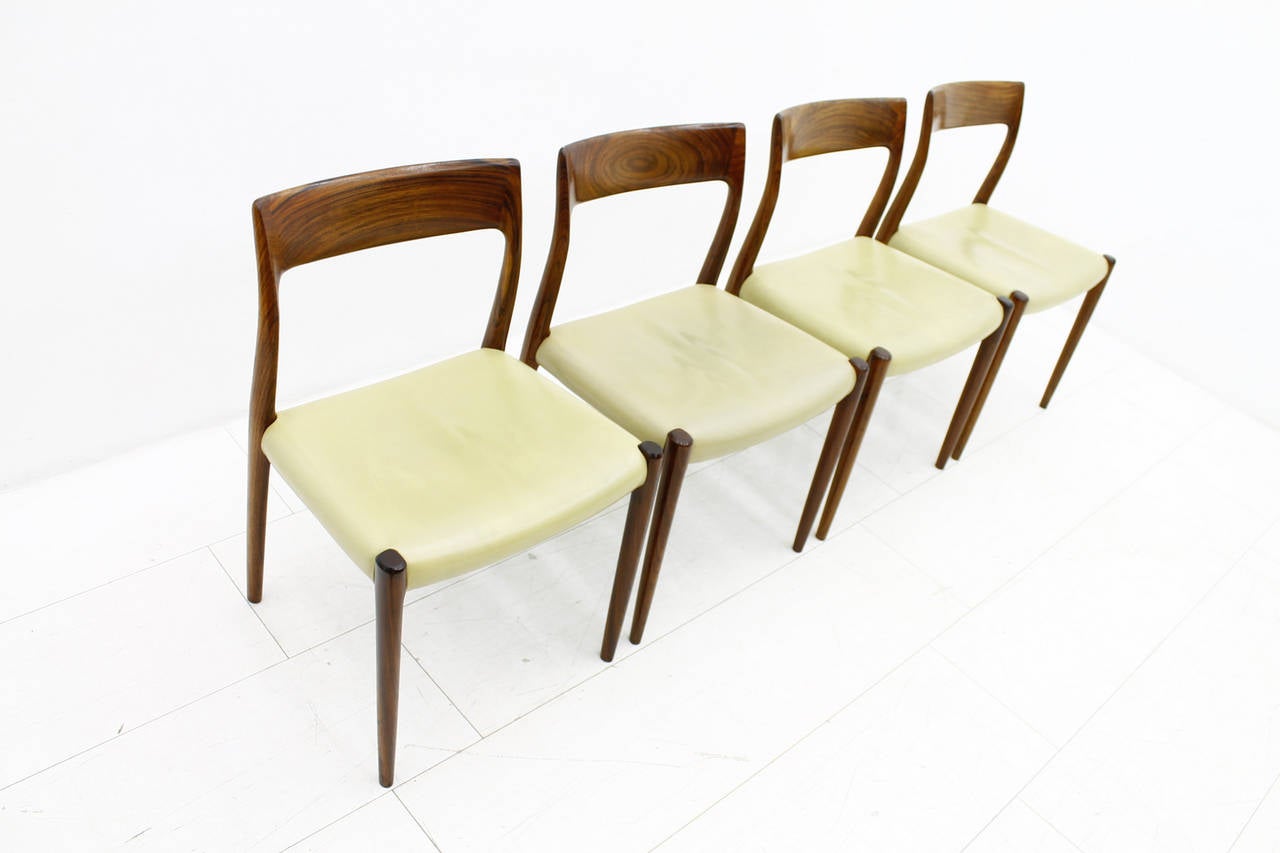 Scandinavian Modern Four Rosewood and Leather Dining Room Chairs by Niels O. Møller, Denmark
