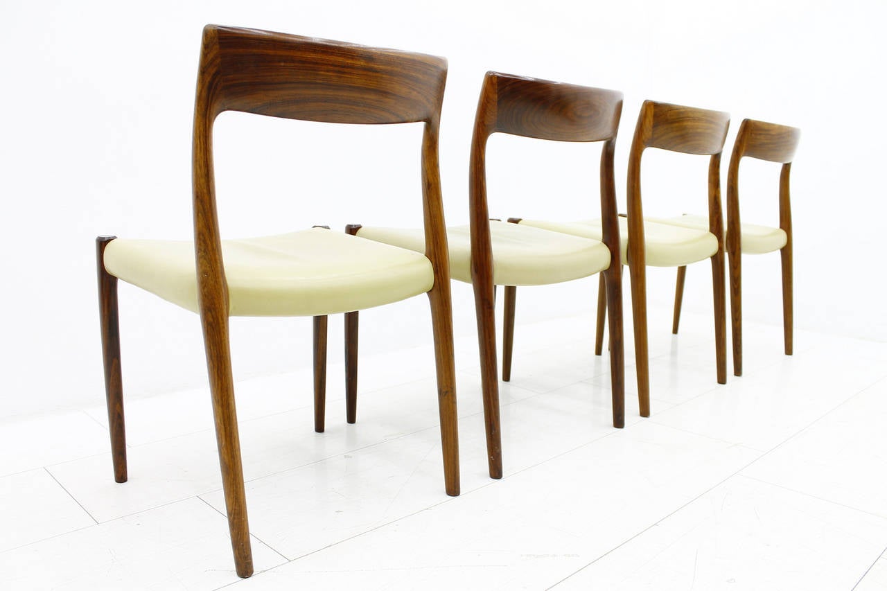 Mid-20th Century Four Rosewood and Leather Dining Room Chairs by Niels O. Møller, Denmark