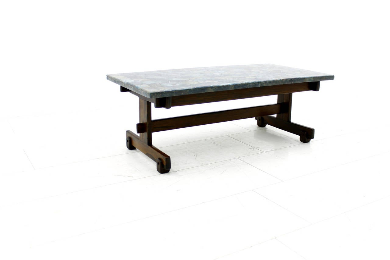 Mid-Century Modern Rare Sergio Rodrigues Coffee Table with Apatit Stone Mosaic Top, Brazil 1964 For Sale