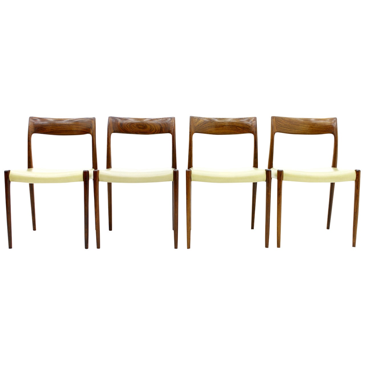 Four Rosewood and Leather Dining Room Chairs by Niels O. Møller, Denmark