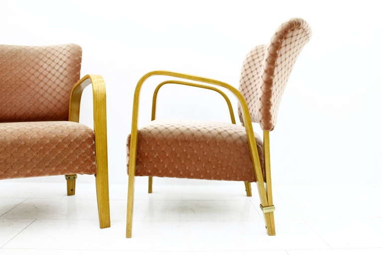 French Pair Hugues Steiner Bow Wood Lounge Chairs, France 1948