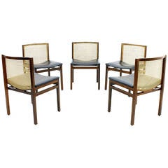 Set of Five Scandinavian Dining Chairs, Cane and Leather, 1960s