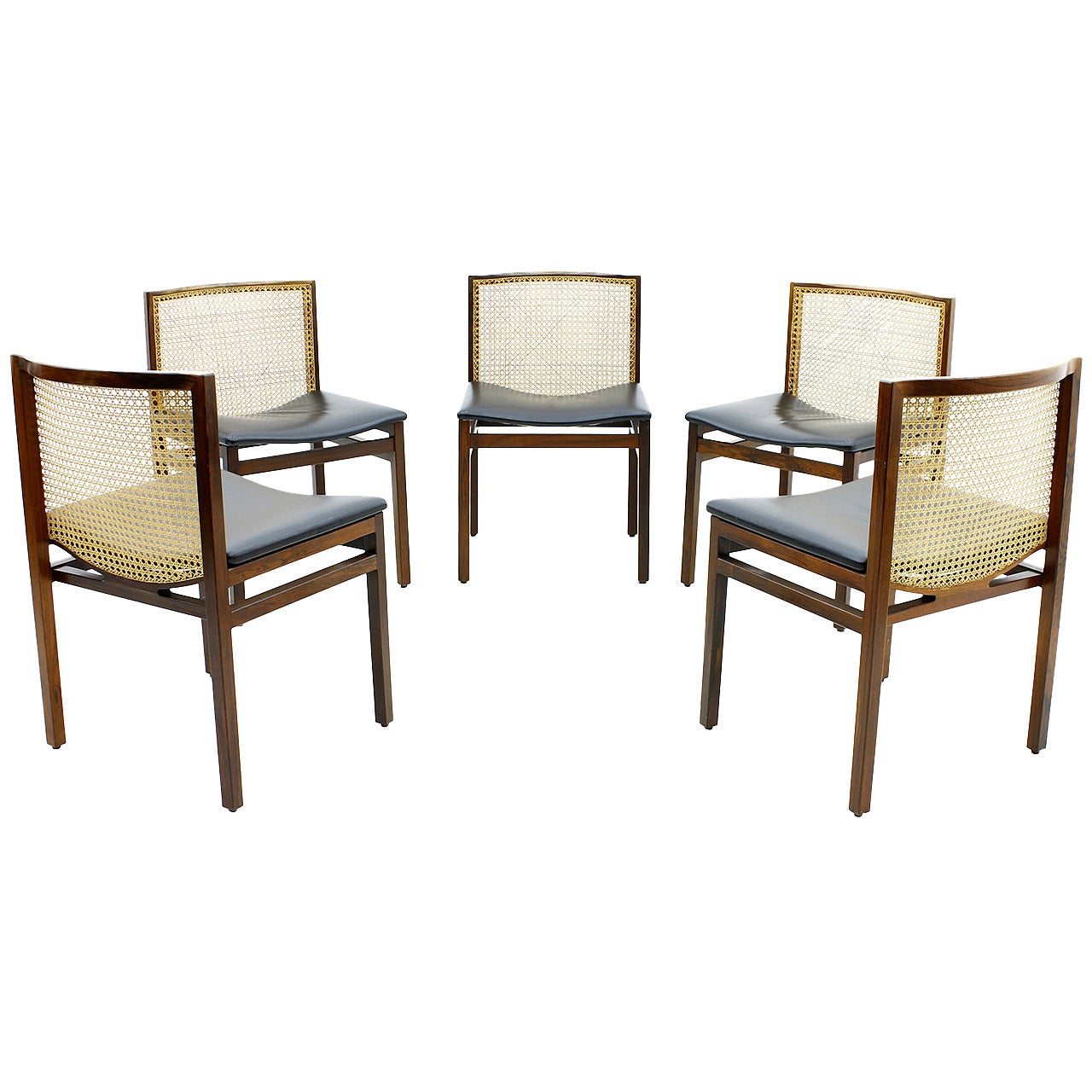 Set of Five Scandinavian Dining Chairs, Cane and Leather, 1960s For Sale