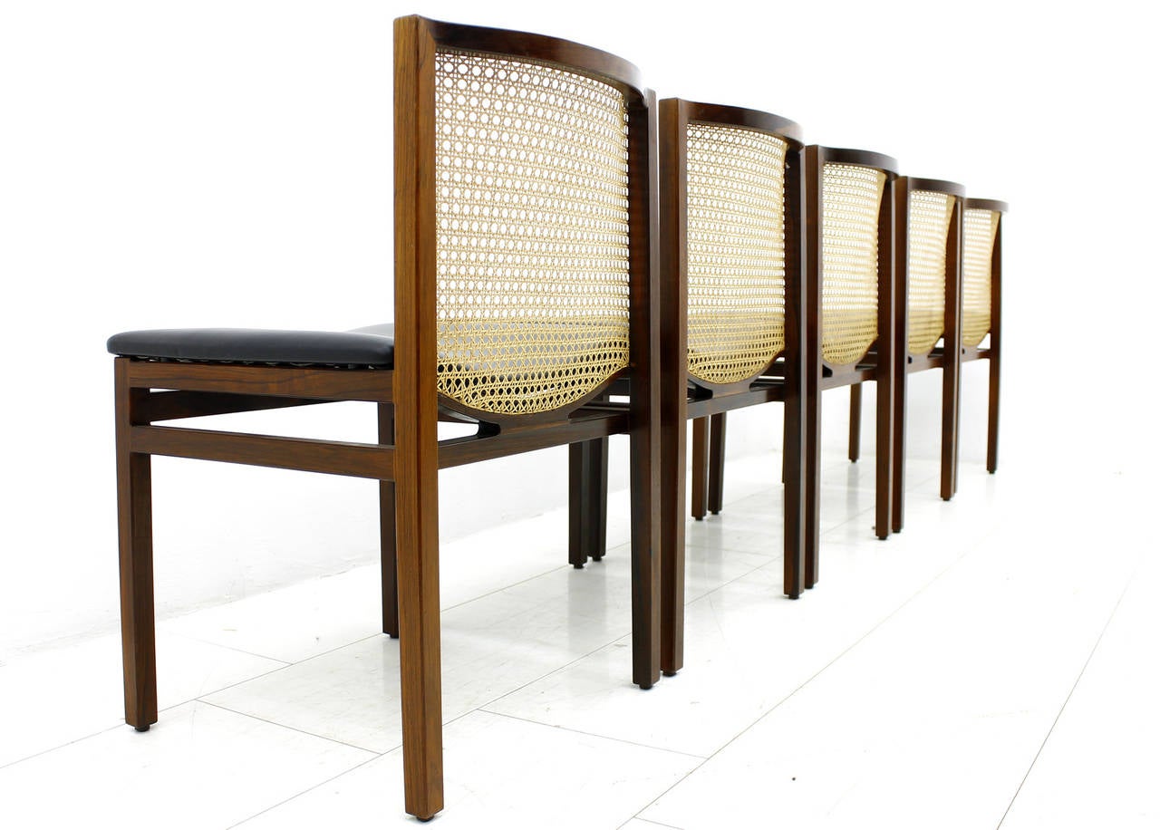 Danish Set of Five Scandinavian Dining Chairs, Cane and Leather, 1960s For Sale