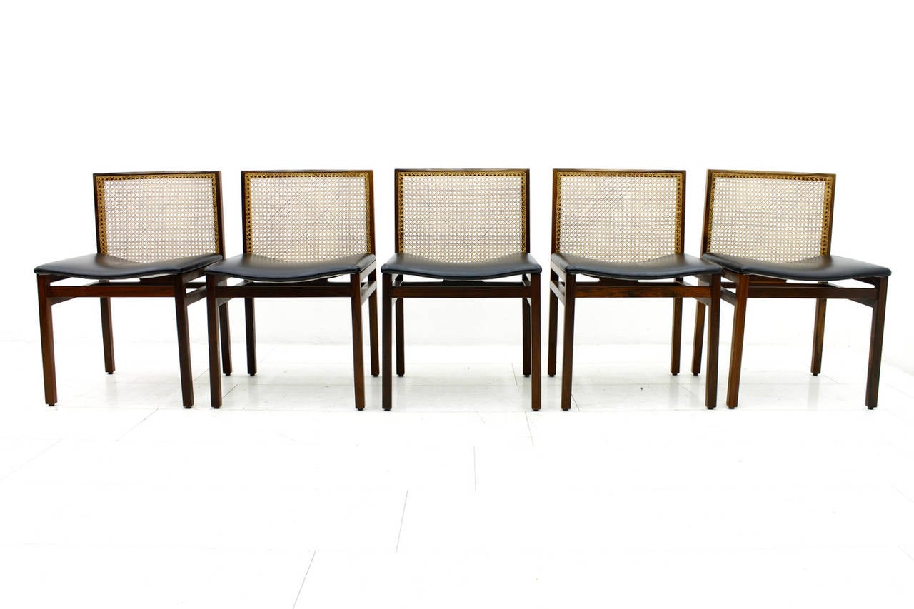 Set of Five Scandinavian Dining Chairs, Cane and Leather, 1960s For Sale 1