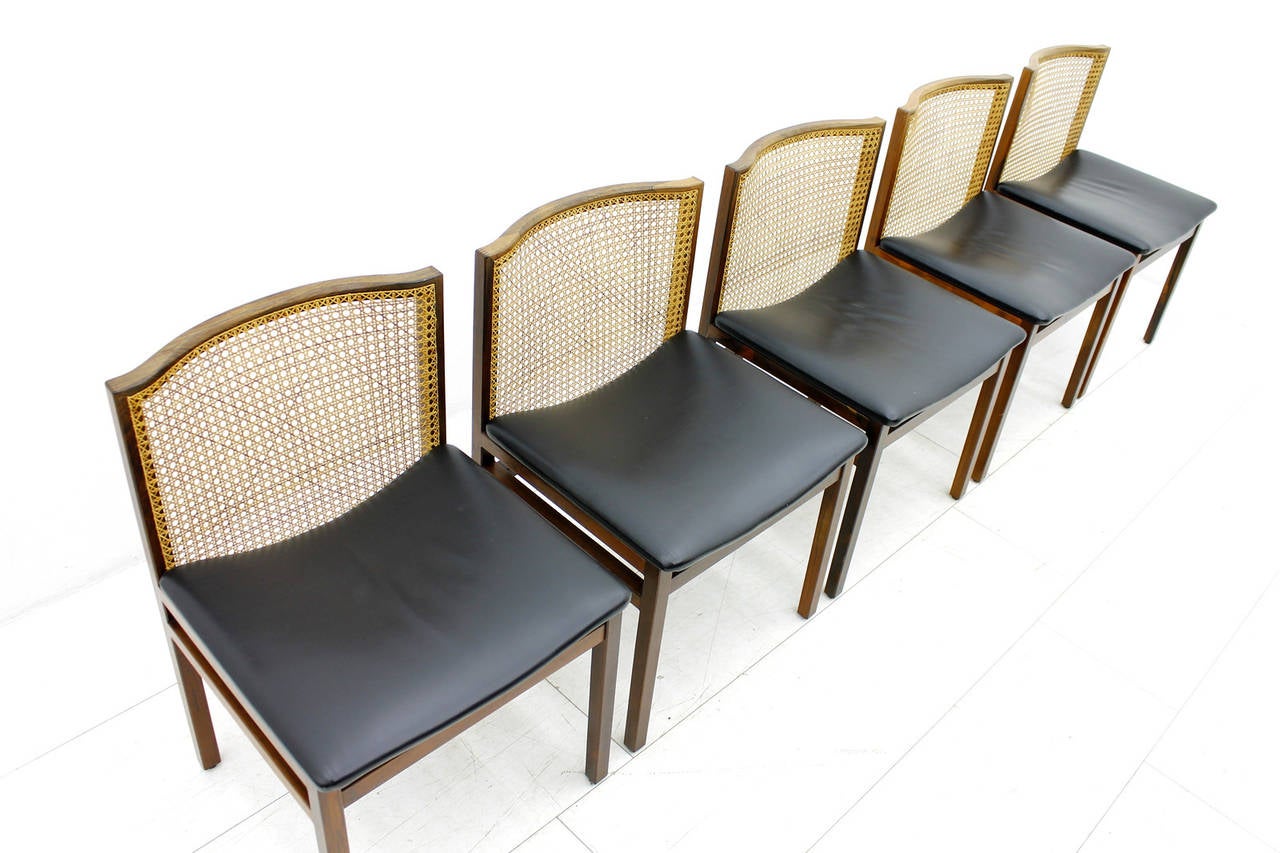 Set of Five Scandinavian Dining Chairs, Cane and Leather, 1960s For Sale 2