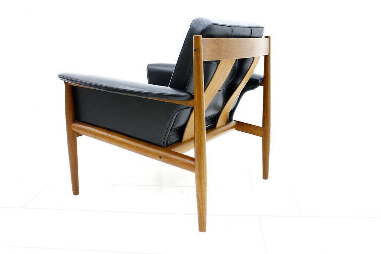 Danish Grete Jalk Lounge Chair Teak and Black Leather, Denmark 1960`s
