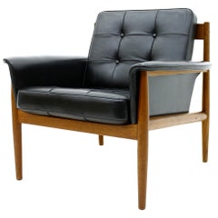 Grete Jalk Lounge Chair Teak and Black Leather, Denmark 1960`s