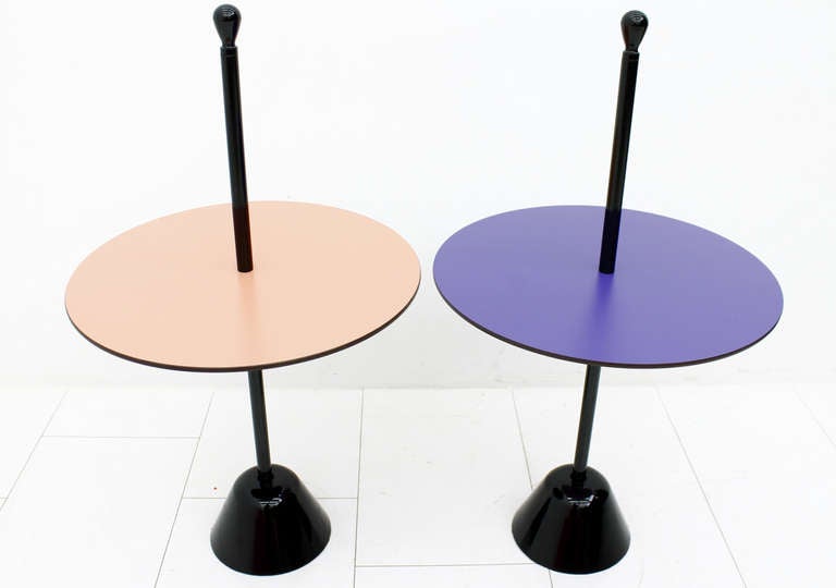 Rare pair of multicolor side tables by Achille Castiglioni for Zanotta, Italy 1974.
Brown, pink, light orange and purple.
Very good original condition!

Worldwide shipping.