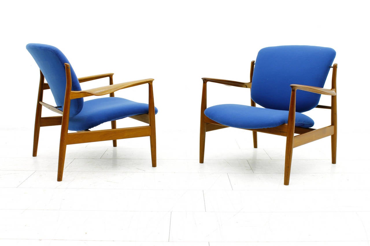 Danish Pair of Finn Juhl Lounge Chairs FD 136, Teak, Denmark, 1956