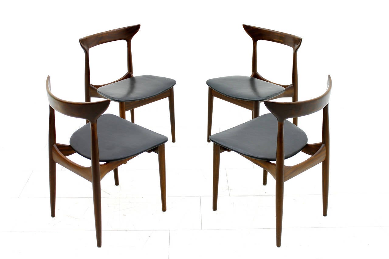 European Set of Four Dining Room Chairs, Rosewood and Leather