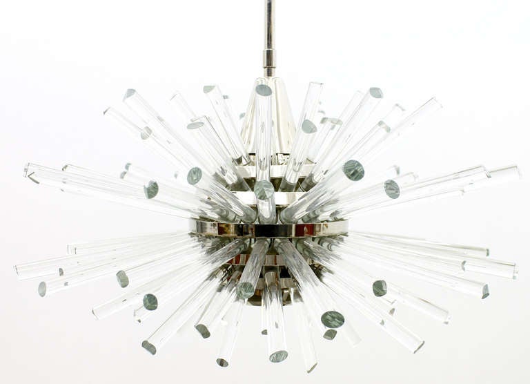 Great Chandelier by Prof. Friedl Bakalowits in Polished Nickel Version and Crystal Glass.  Austria ca. 1970`s.
The total height is adjustable. There are two rods in different length.
Possible heights are: 87 cm (33.9 inches) , 102 cm (39, 8