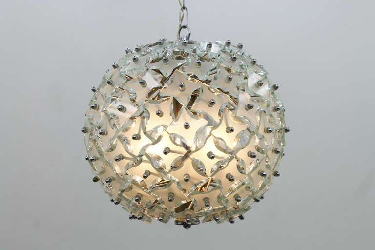 Mid-20th Century Fontana Arte Style Glass and Metal Chandelier Pendant Italy 1960s For Sale