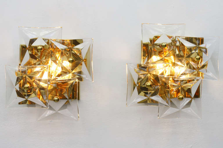 Late 20th Century Pair Gold Plated & Crystal Glass Wall Sconces by Kinkeldey
