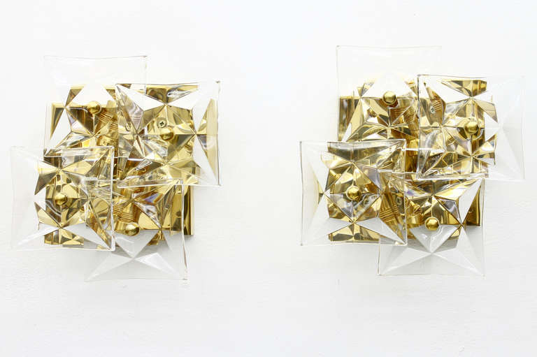 Nice pair Wall Sconces by Kinkeldey, Germany, ca. 1970`s. Gold Plated Metal and Crystal Glass.
Excellent Condition!