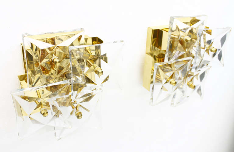 Mid-Century Modern Pair Gold Plated & Crystal Glass Wall Sconces by Kinkeldey