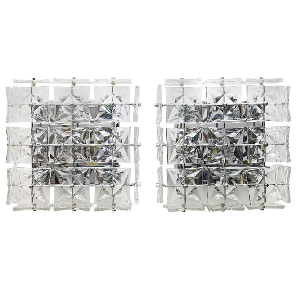 Pair Large Crystal Glass Wall Sconces or Flush Mount Lamps by Kinkeldey