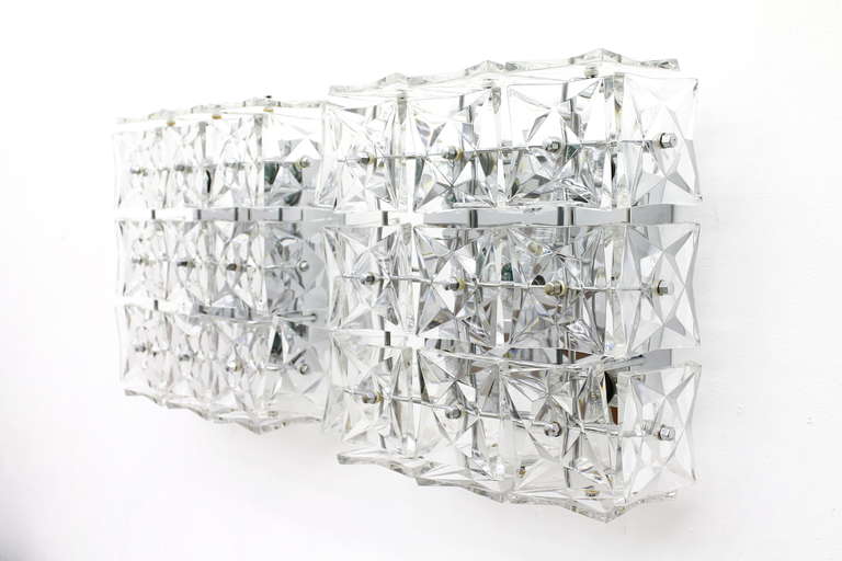 Mid-Century Modern Pair Large Crystal Glass Wall Sconces or Flush Mount Lamps by Kinkeldey