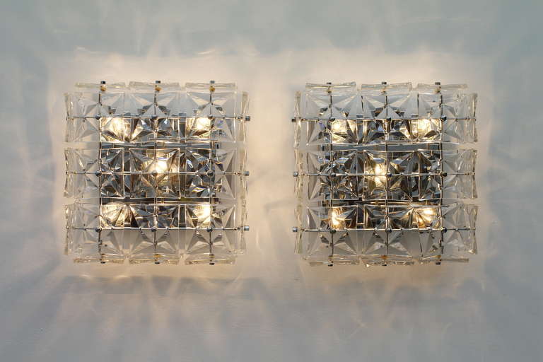 Late 20th Century Pair Large Crystal Glass Wall Sconces or Flush Mount Lamps by Kinkeldey