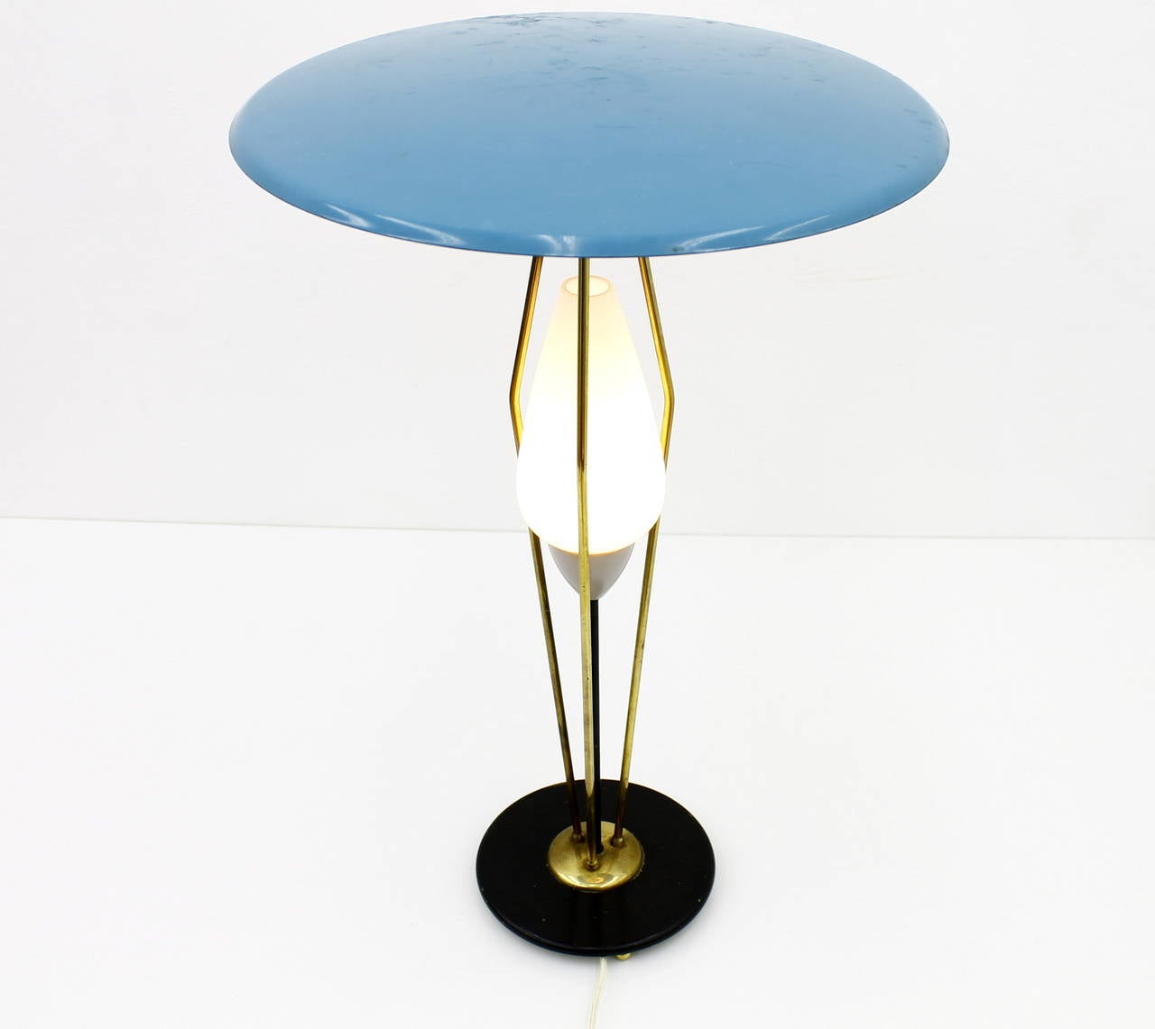 1950s table lamp in style of Angelo Lelli, Italy. Lacquered metal, brass and glass.
Good original condition.

 