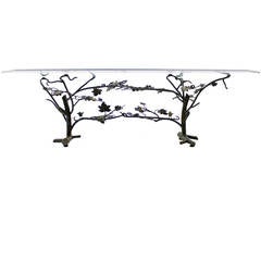 Beautiful Sofa Table in Metal and Glass with Tree and Birds, France circa 1970s