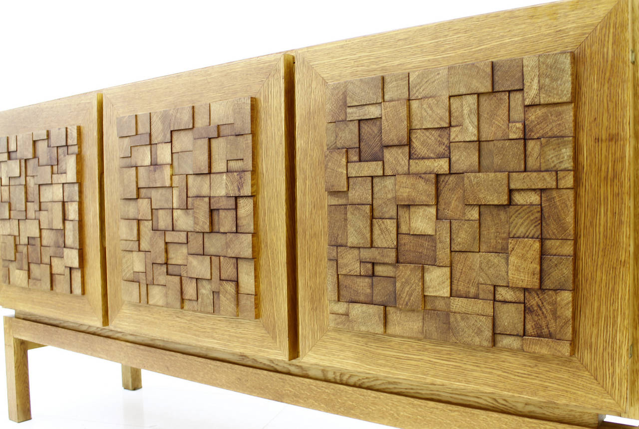 European Beautiful Oak Sideboard with Graphic Wood Front, circa 1970s