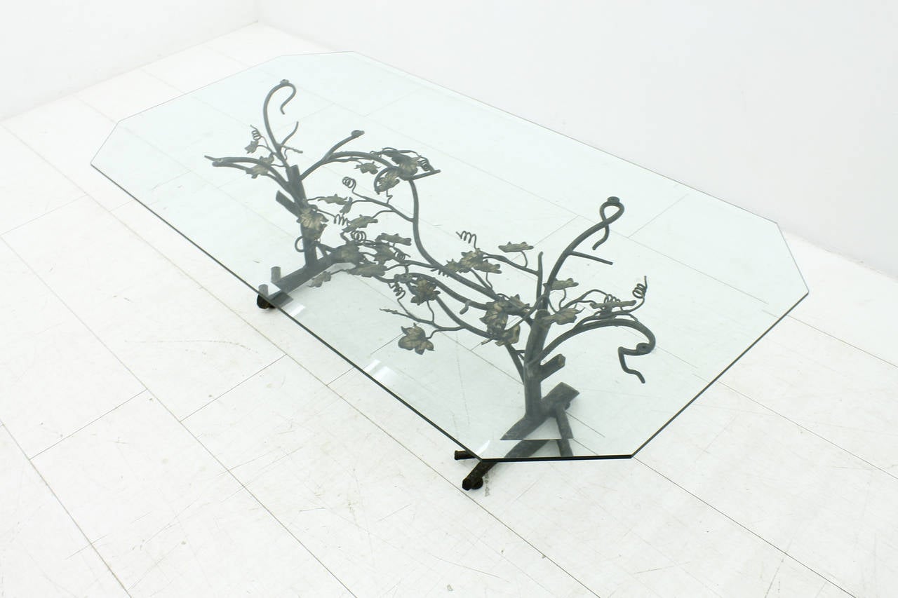 Brutalist Beautiful Sofa Table in Metal and Glass with Tree and Birds, France circa 1970s