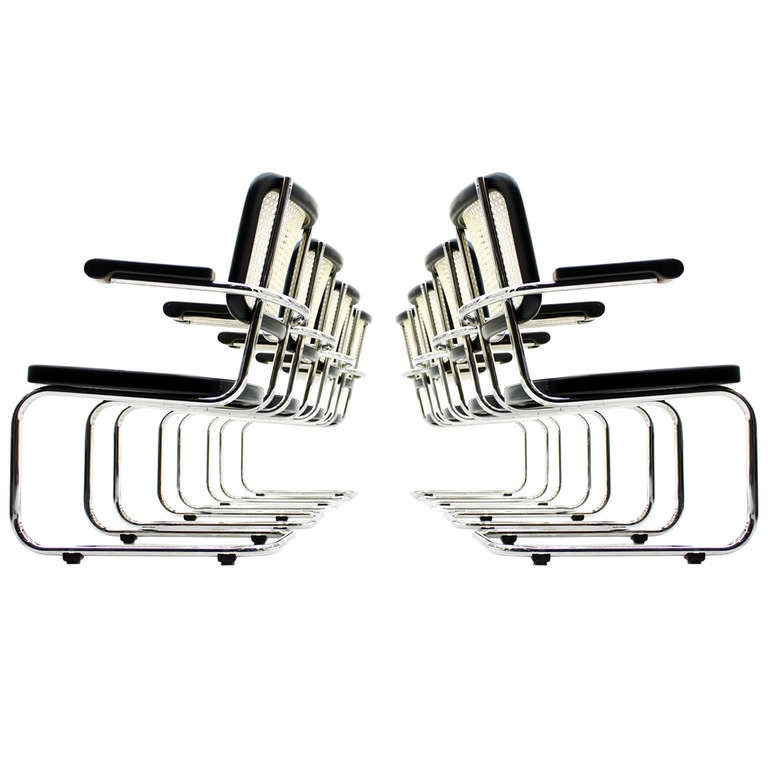 Very rare set of eight steel tube lobby chairs, S 67 F, by Mart Stam 1939 for Thonet.
These chairs were only a few years in production 1967-1970. 
Good original condition, the woven cane is on all chairs new.

We offer a worldwide shipping to your