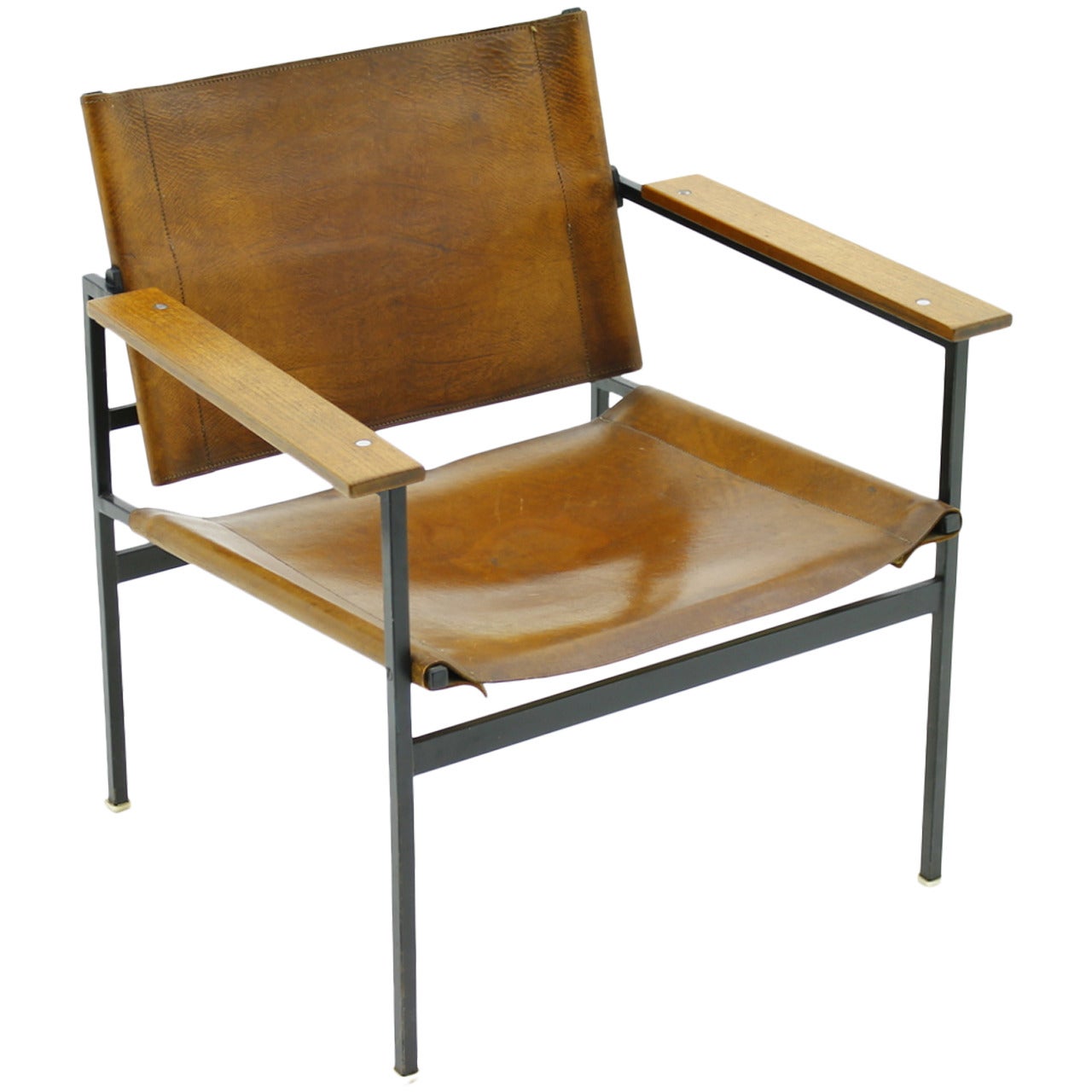 Fauteuil minimaliste:: cuir:: bois et acier:: circa 1960s
