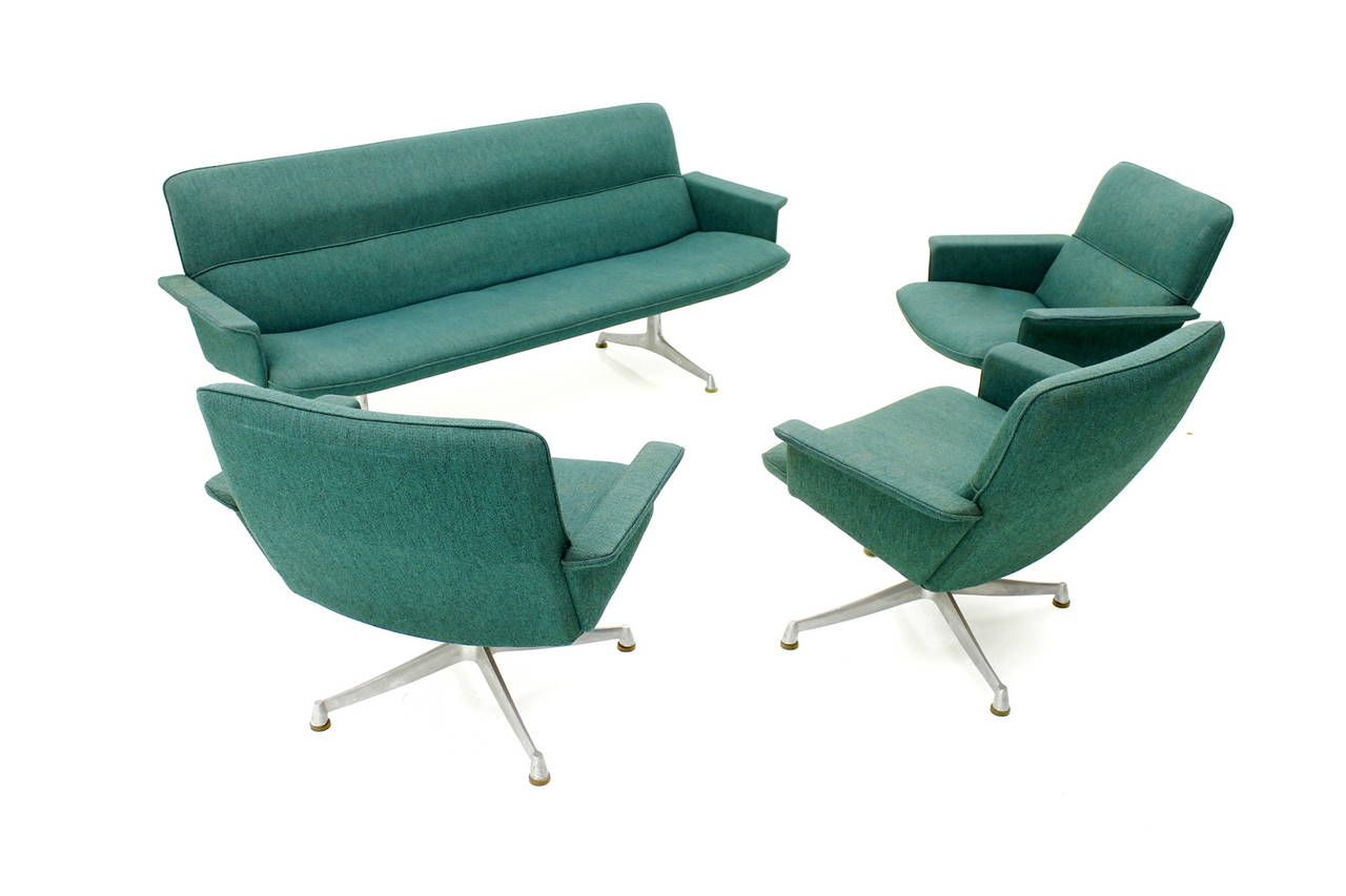 Aluminum Seating Group with Sofa and Three Lounge Chairs, France, circa 1960s For Sale
