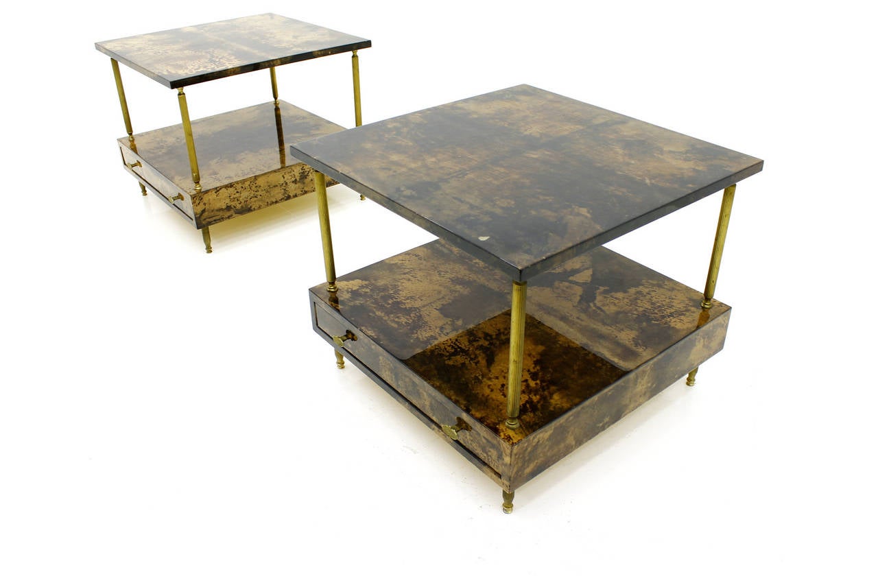 Pair Night Stands, Side Tables, with drawers by Aldo Turo, Italy ca 1960.
Lacquered Goatskin, brass.
Slight traces of use. Great optic.

B 60 cm, D 60 cm, H 51 cm.

We offer a safe and fast worldwide shipping to your Front Door. We only ship