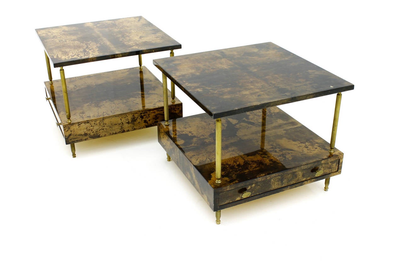 Brass Pair of Goatskin Night Stands or Side Tables by Aldo Tura, Italy 1960s