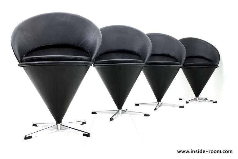Metal Set of Four Black Leather Cone Chairs by Verner Panton, Denmark, 1958 For Sale