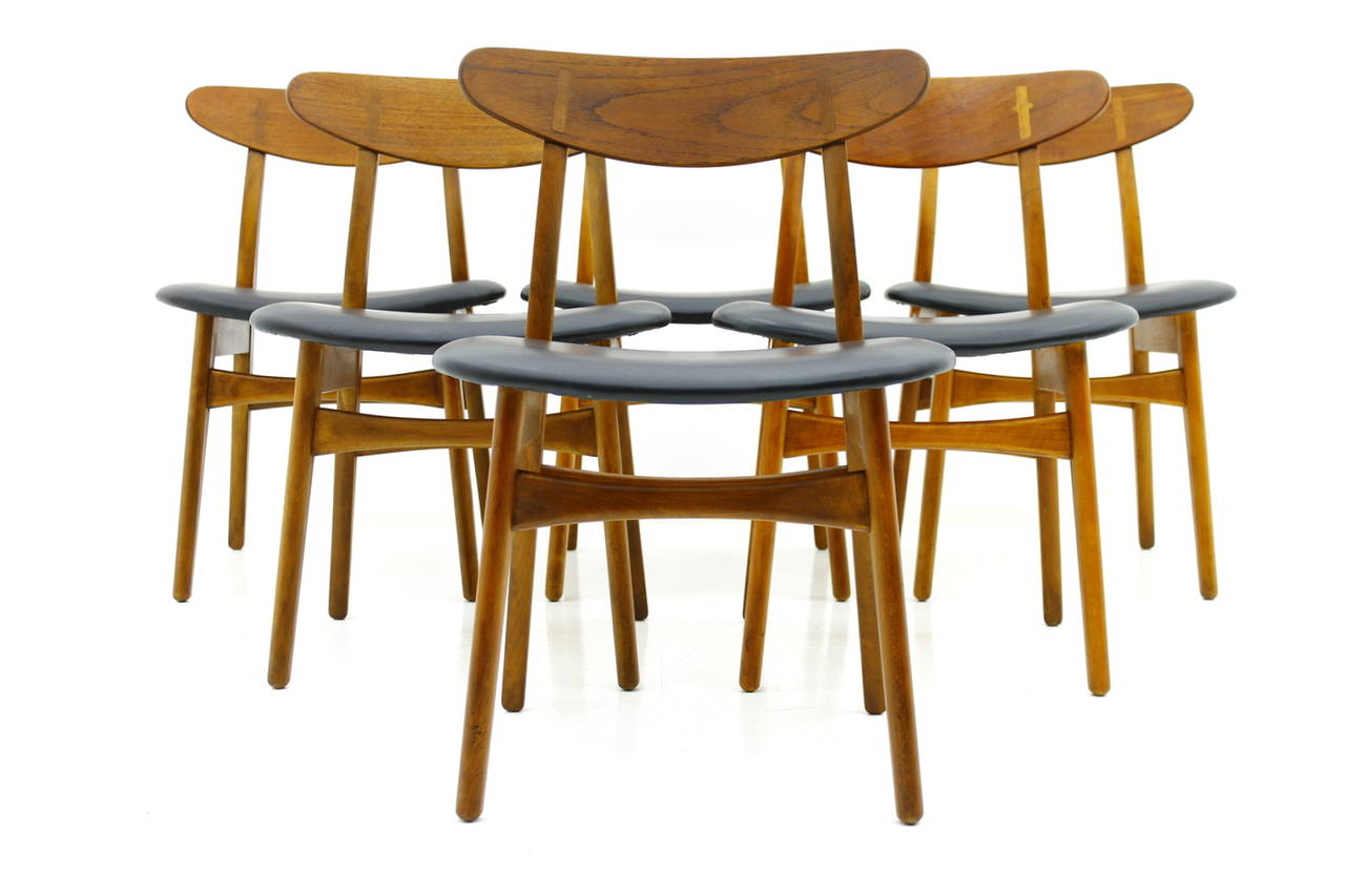 Danish Set of Six Hans J. Wegner CH-30 Chairs in Teak and Leather by Carl Hansen, 1952