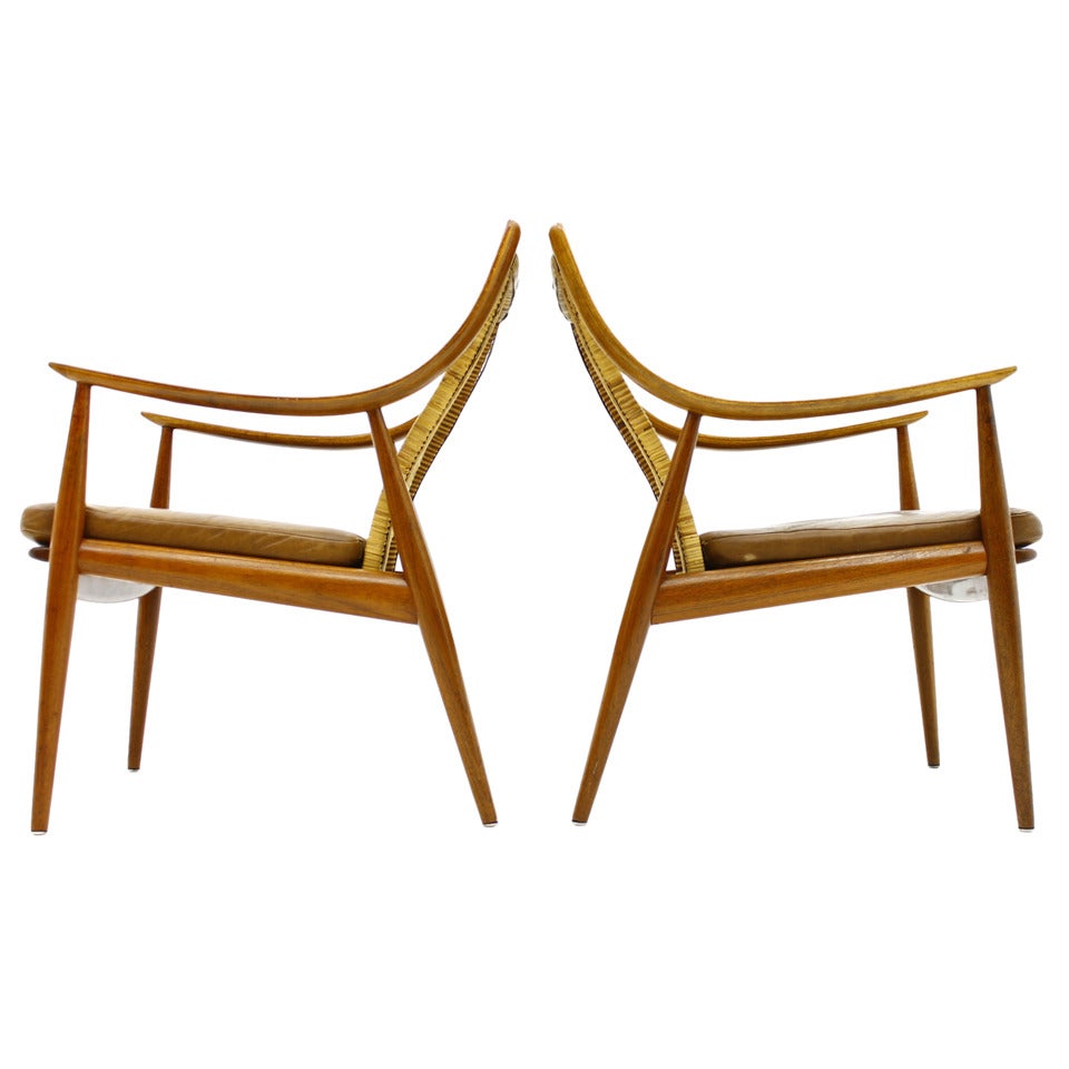 Early Pair of Peter Hvidt and Molgaard Lounge Chairs, Teak and Cane, 1956