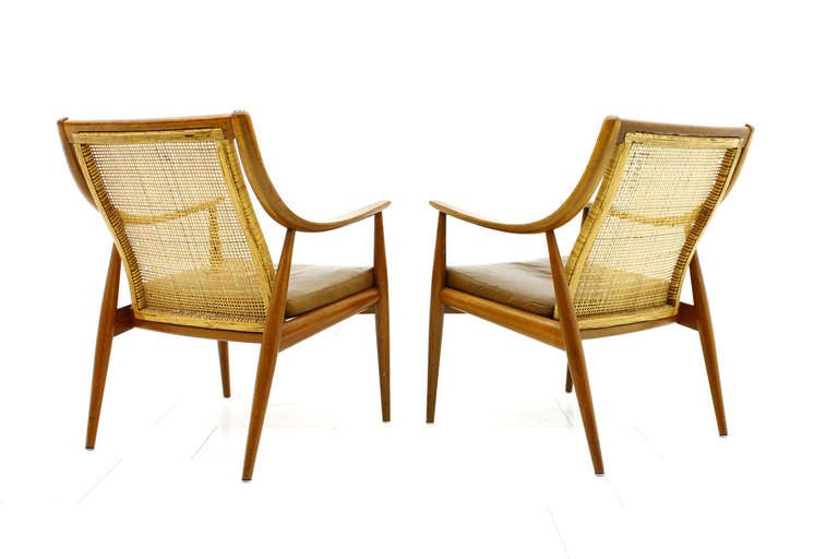 Mid-20th Century Early Pair of Peter Hvidt and Molgaard Lounge Chairs, Teak and Cane, 1956