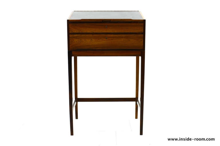Standing Desk by Svend Langkilde, Rosewood, ca. 1960`s. Denmark. Rosewood and black Leather Top. The Desk is Stamped on the Underside with 